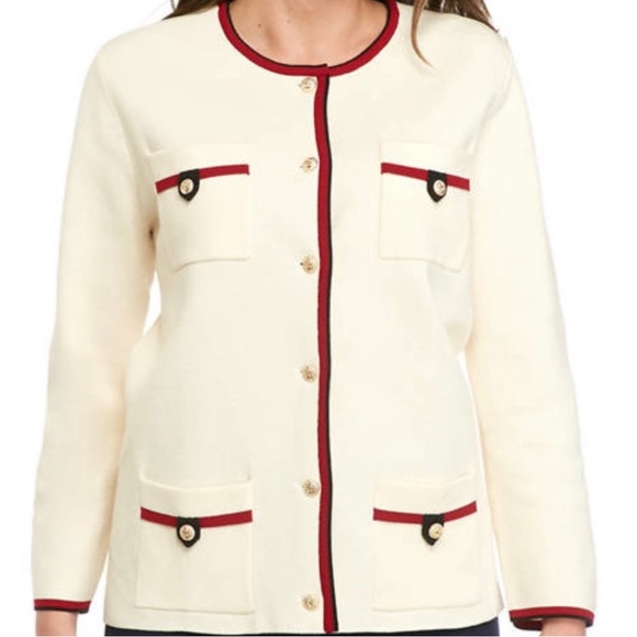 Anne Klein Ivory Knit Red Trim 4 Pockets Cardigan Embossed Gold Anchor Button XL - Picture 3 of 17